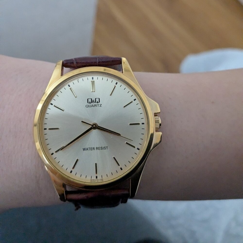 Q&Q by Citizen Men’s Classic Gold-Tone Dress Watch with Brown Croc-Embossed leat